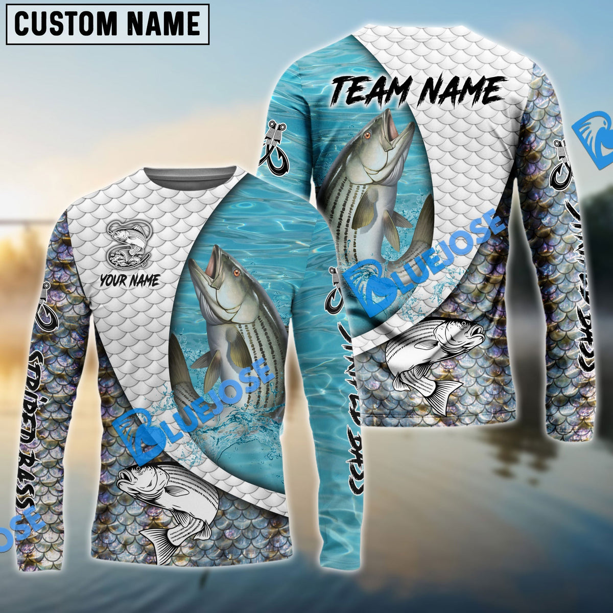 Bluejose Striped Bass Fishing White Skin Diagonal Custom Name &amp; Team Name 3D Shirts