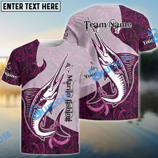 Bluejose Marlin Fishing Breast Cancer Ribbon Pink Camo Custom Name & Team Name 3D Shirts