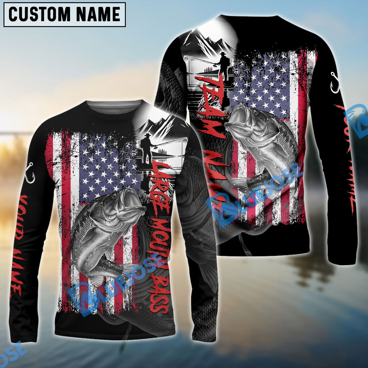 Bluejose Large Mouth Bass Fishing  Black US Flag Sport Custom Name &amp; Team Name 3D Shirts