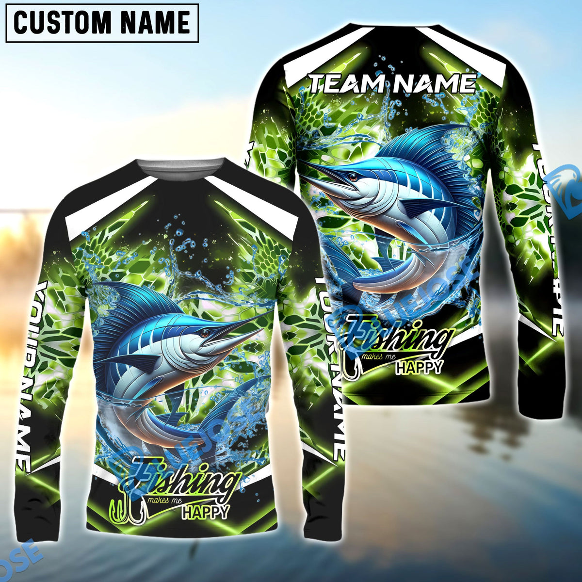Bluejose Marlin Fishing Green Happy Hook Design Name &amp; Team Name 3D Shirts
