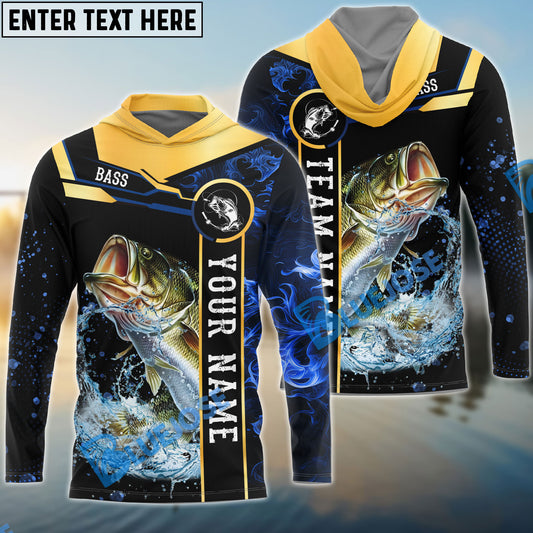 Bluejose Bass Fishing Golden With Blue Flame Pattern Custom Name & Team Name 3D Shirts