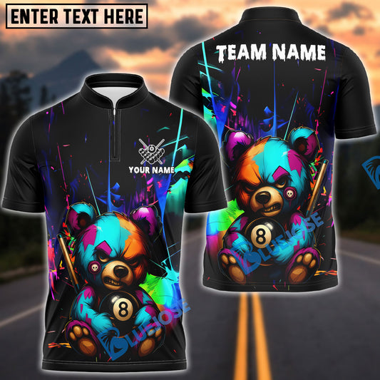 BlueJose Billiards 8-Ball Colorful Angry Teddy Bear Personalized Name, Team Name Unisex Shirt