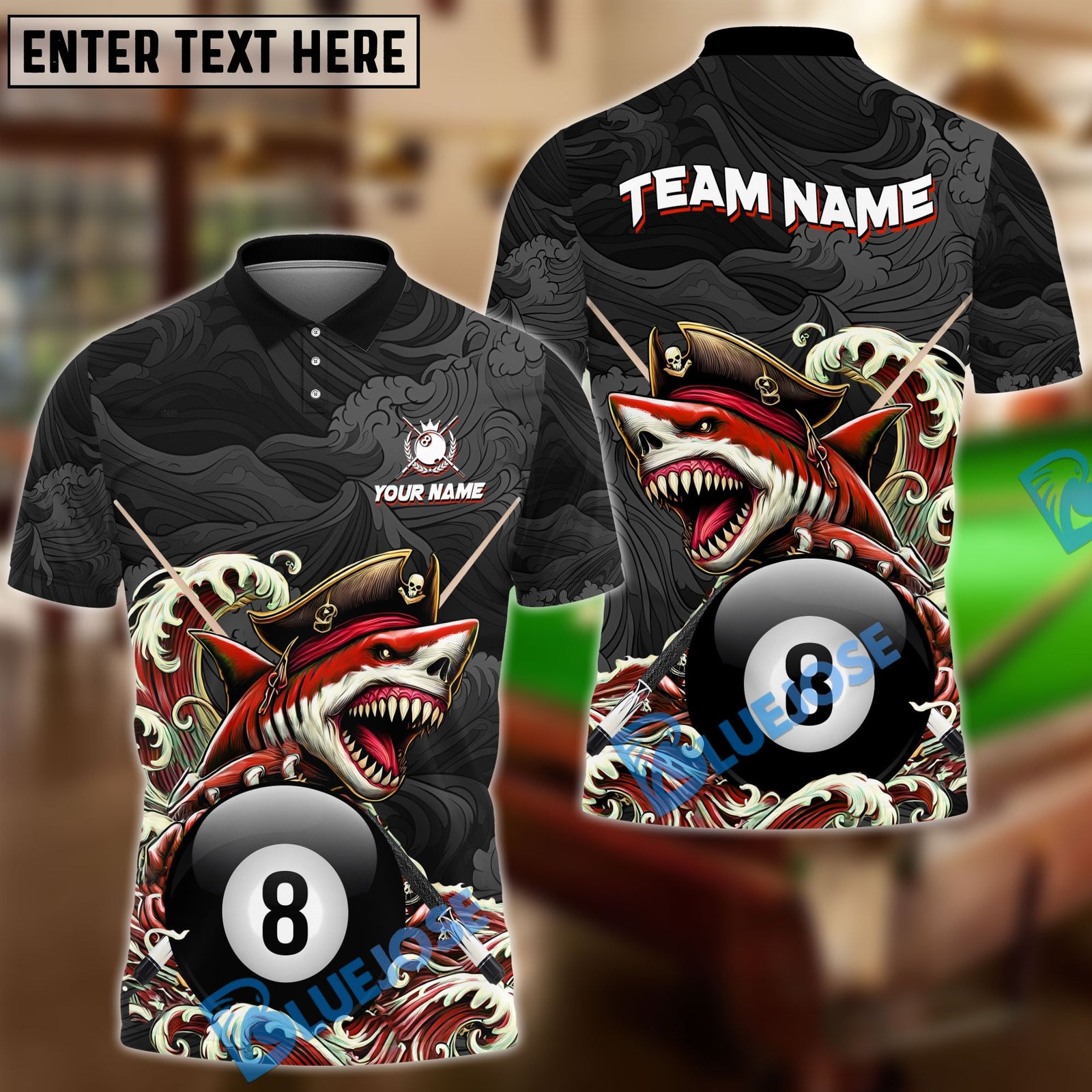 BlueJose Billiards Shark Pirate Personalized Name Shirt (6 Colors)