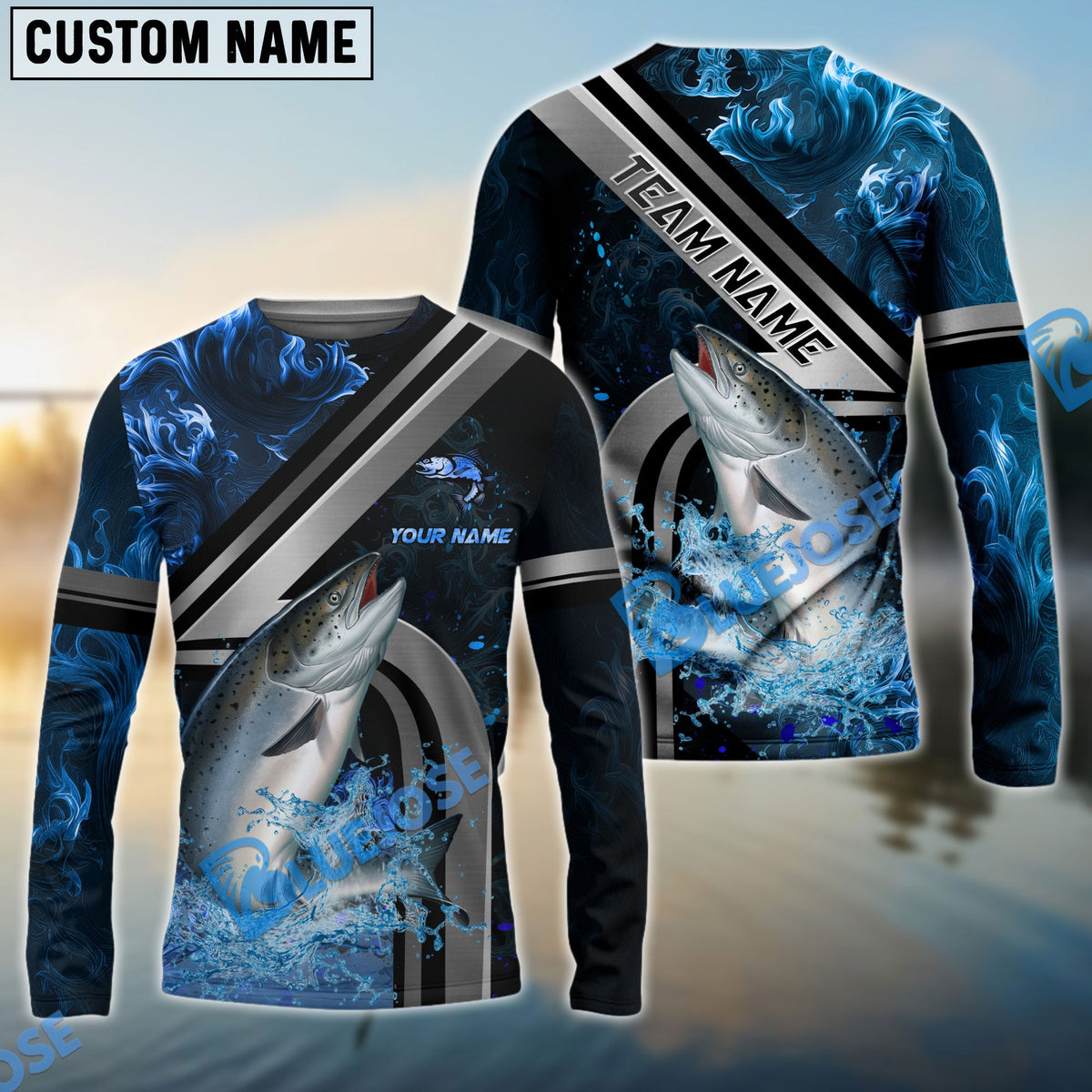 Bluejose Salmon Fishing Ocean Wave Power Custom Name &amp; Team Name 3D Shirts