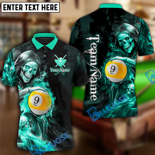 BlueJose Billiards Flame Grim Reaper Holding 9 Ball Personalized Name, Team Name Unisex Shirt (4 Colors)