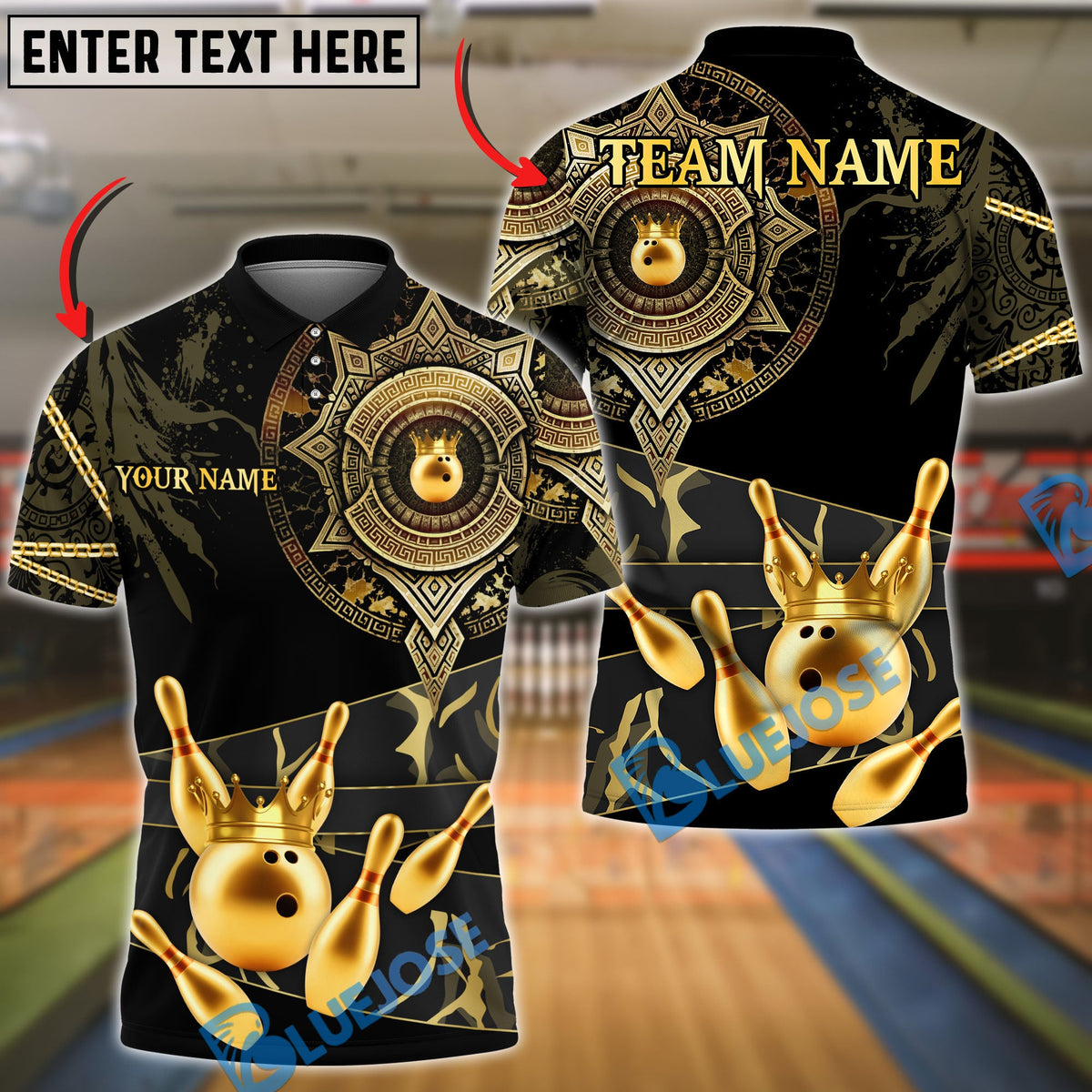 BlueJose Bowling &amp; Pins Royal Gold Mandala Crown Customized Name, Team Name 3D Shirt (6 Colors)