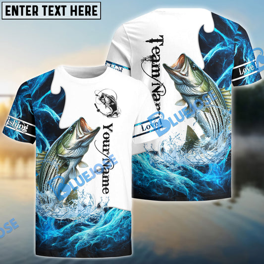 BlueJose Customize Name Striped Bass Fishing Water & White 3D Shirts
