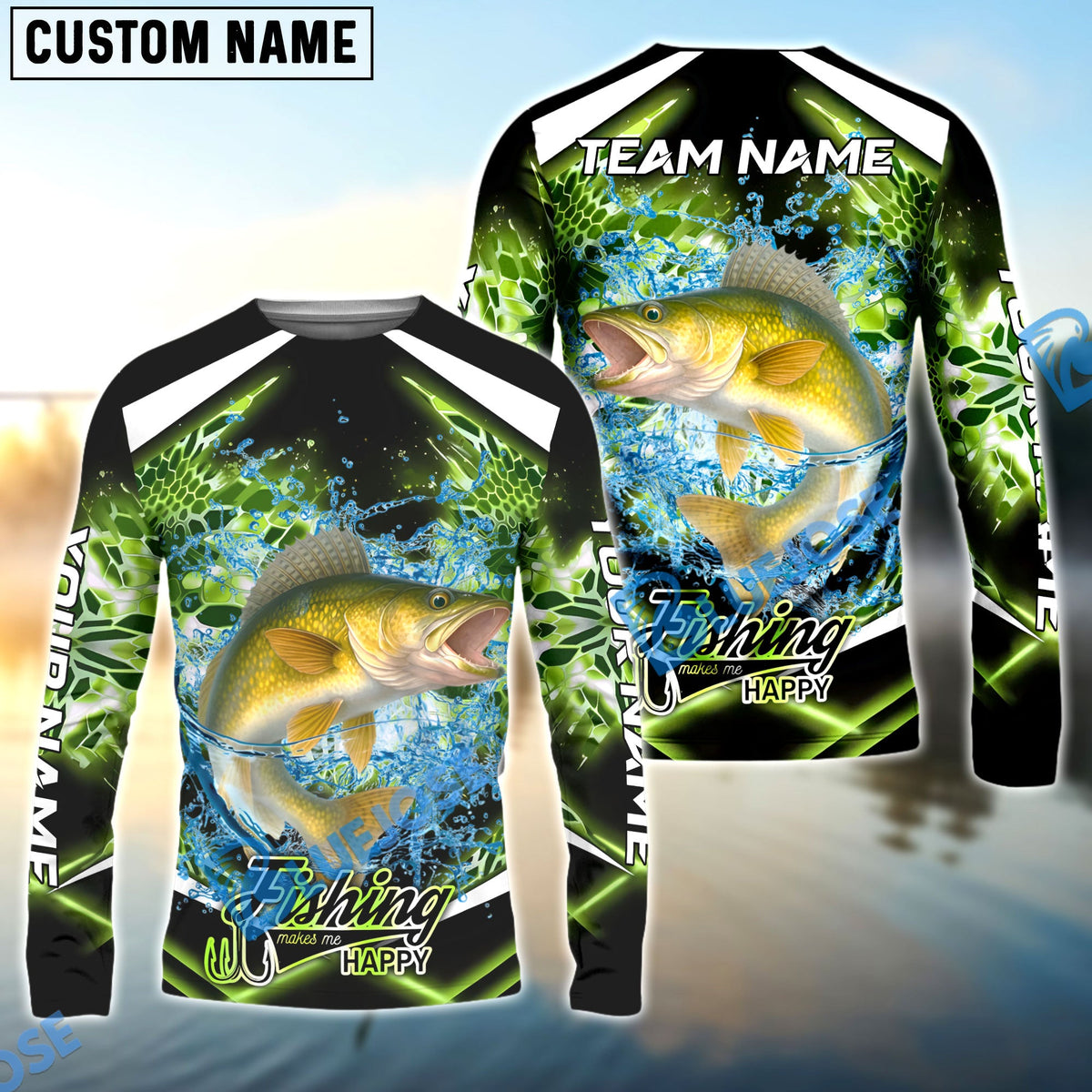 Bluejose Walleye Fishing Green Happy Hook Design Name &amp; Team Name 3D Shirts