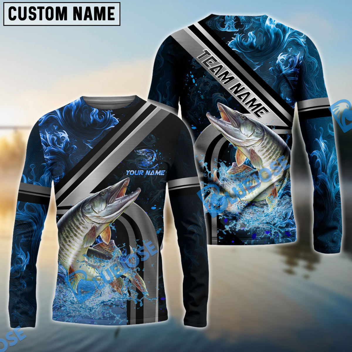 Bluejose Musky Fishing Ocean Wave Power Custom Name &amp; Team Name 3D Shirts