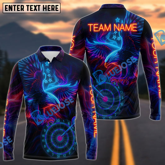 BlueJose Darts Eagle Neon Glow Personalized Name Long Sleeve Polo Shirt (4 Colors)