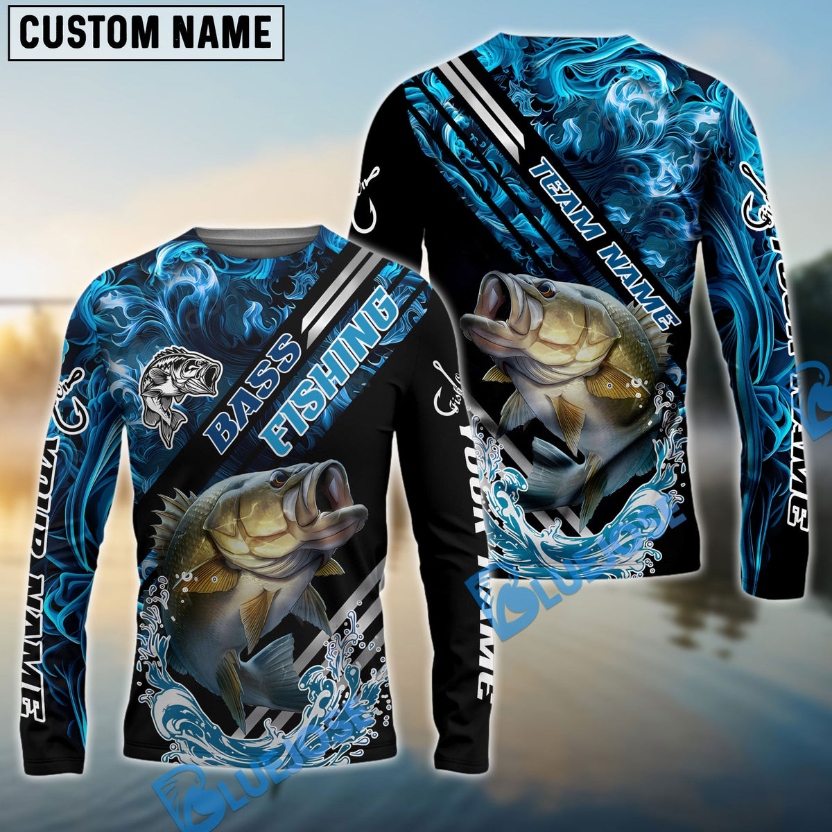Bluejose Bass Fishing Blue Smoke Water Pattern Custom Name &amp; Team Name 3D Shirts