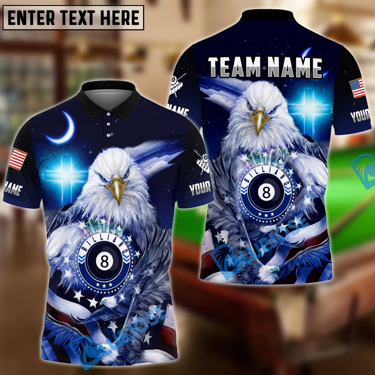 BlueJose Billiards Ball 8 Cross Eagle American Flag Personalized Name &amp; Team Name Shirt (4 Colors)