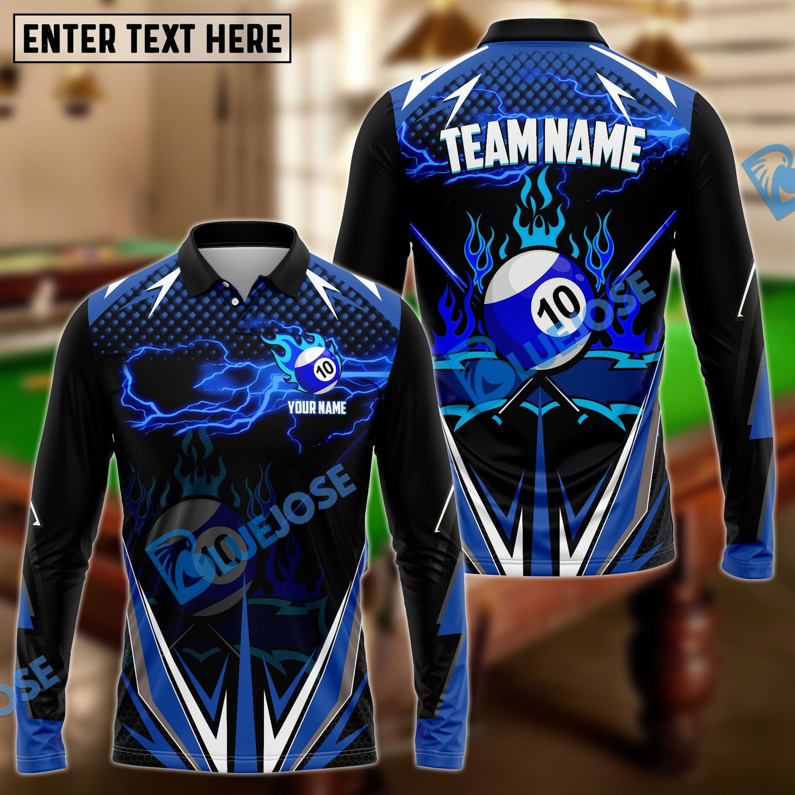 BlueJose Billiards Ball 10 Blue Fire Personalized Name, Team Name Unisex Shirt