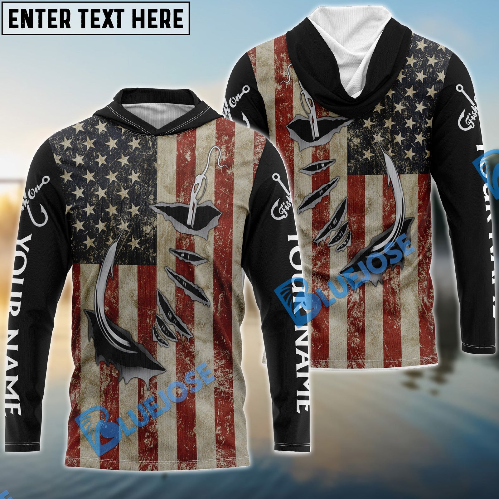 Bluejose Us Fishing 3D Fish Hook American Flag Patriotic Fish On   Quick Dry Customize Name Long Sleeves Shirts