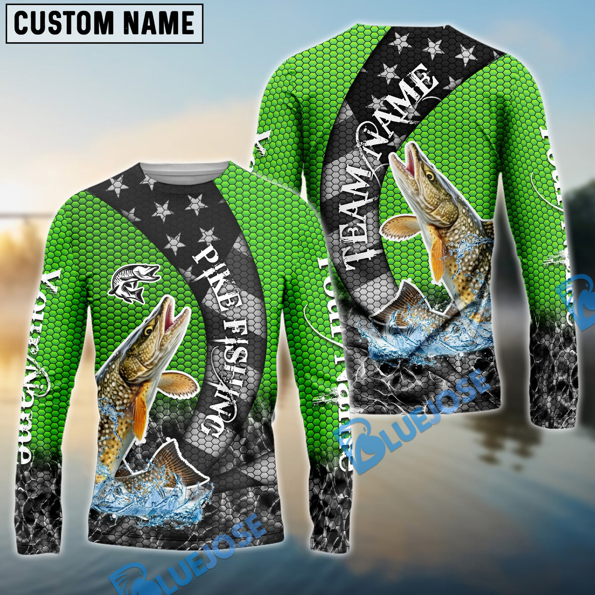 Bluejose Pike Fishing American Flag Green Stars Custom Name &amp; Team Name 3D Shirts