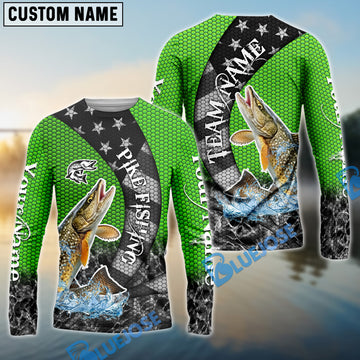 Bluejose Pike Fishing American Flag Green Stars Custom Name & Team Name 3D Shirts