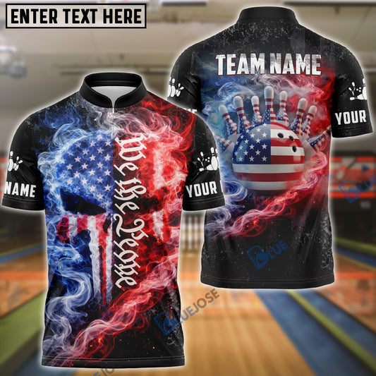BlueJose Bowling We The People USA Fire Smoke Punisher Skull Design Personalized Name, Team Name 3D Shirt