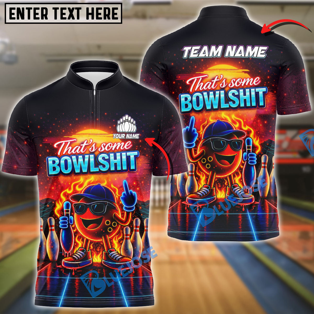 BlueJose Bowling And Pins Funny Flaming Neon Retro Sunset Graphic Customized Name, Team Name 3D Shirt (4 Colors)