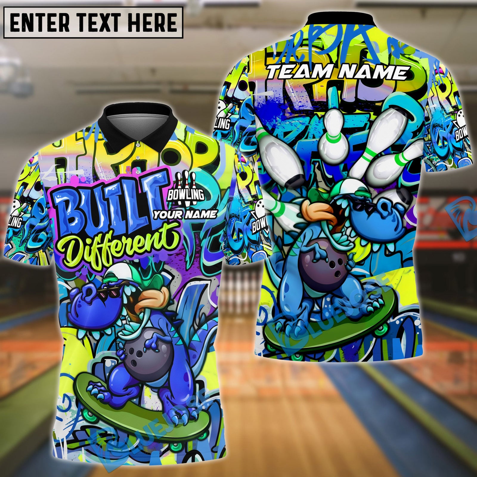 BlueJose Bowling & Pins Built Different Skateboard Dinosaur Graffiti Customized Name, Team Name 3D Shirt (4 Colors)