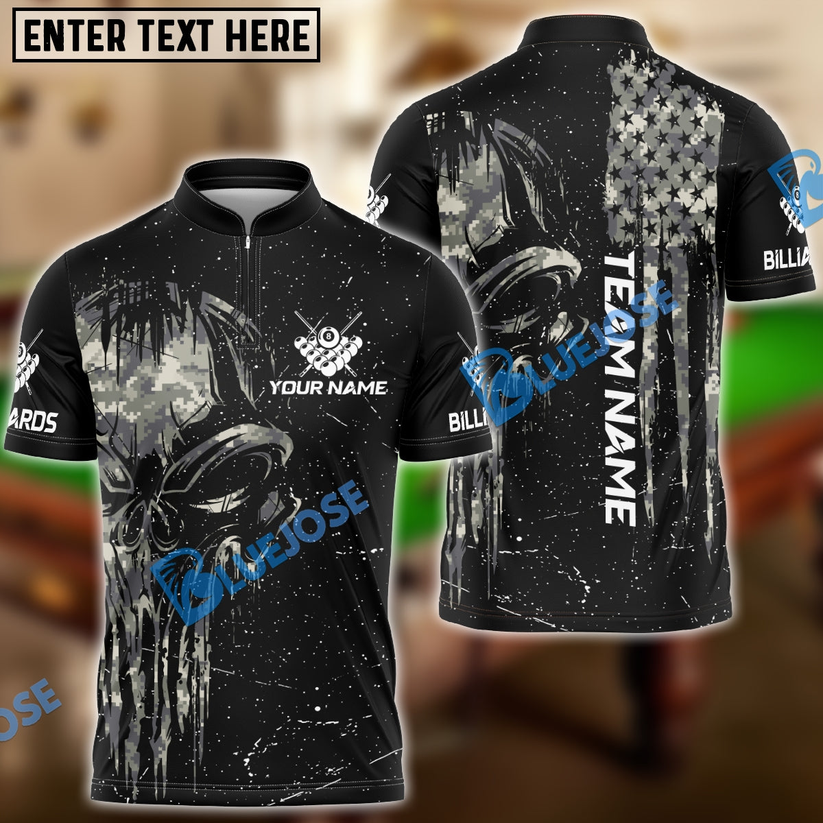 BlueJose Billiards Ball 8 Camo Punisher Skull Personalized Name & Team Name Shirt (4 Colors)
