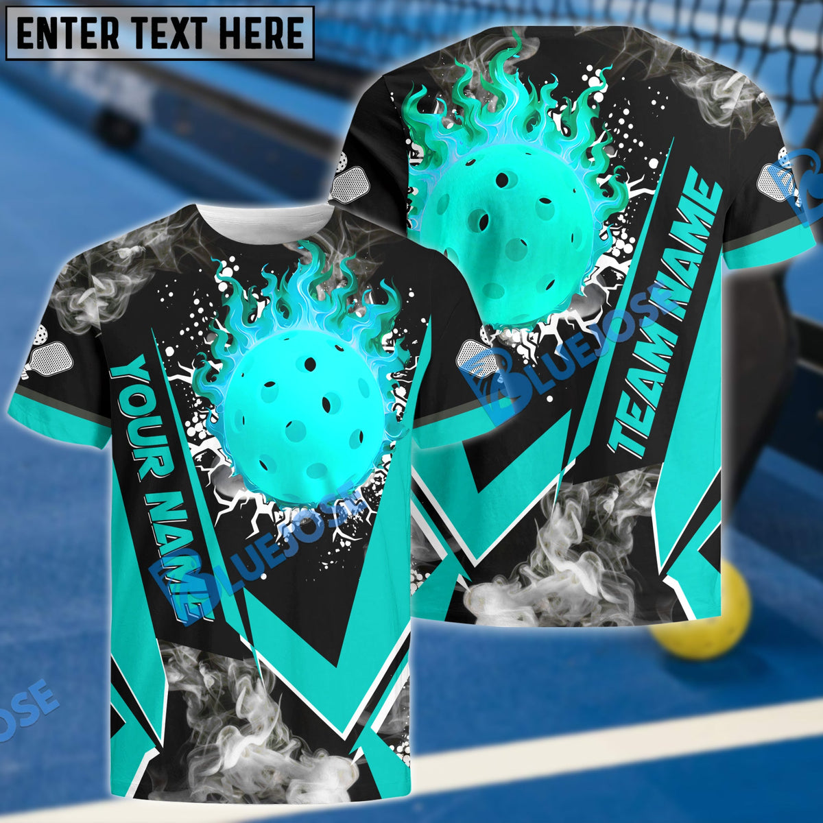 BlueJose Pickleball Flame Declare War Personalized Name, Team Name Unisex Shirt (4 Colors)