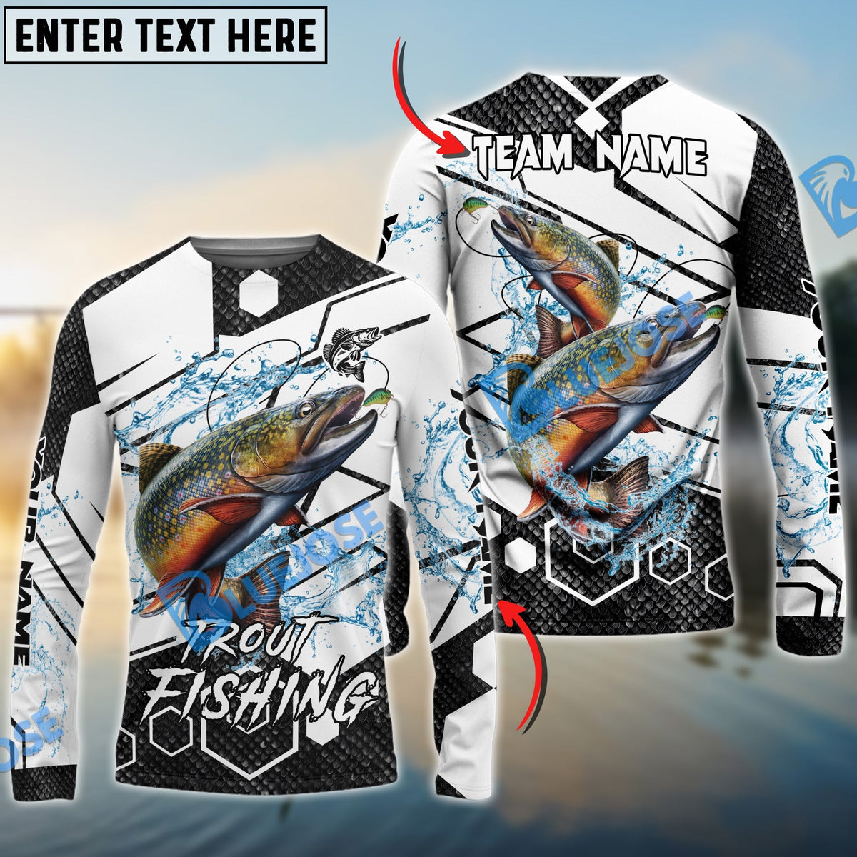 Bluejose Trout Fishing White Gray Black Hexagon Sport Custom Name &amp; Team Name 3D Shirts