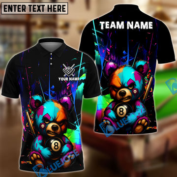 BlueJose Billiards 8-Ball Colorful Angry Teddy Bear Personalized Name, Team Name Unisex Shirt