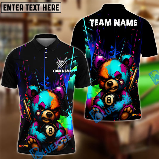 BlueJose Billiards 8-Ball Colorful Angry Teddy Bear Personalized Name, Team Name Unisex Shirt