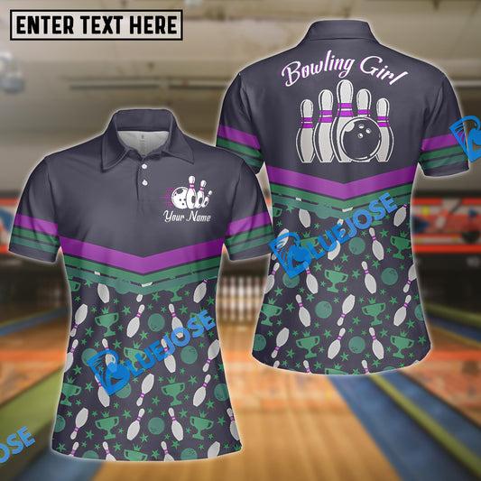 BlueJose Purple Bowling Ball And Pins Pattern Customized Name All Over Printed Shirt For Women