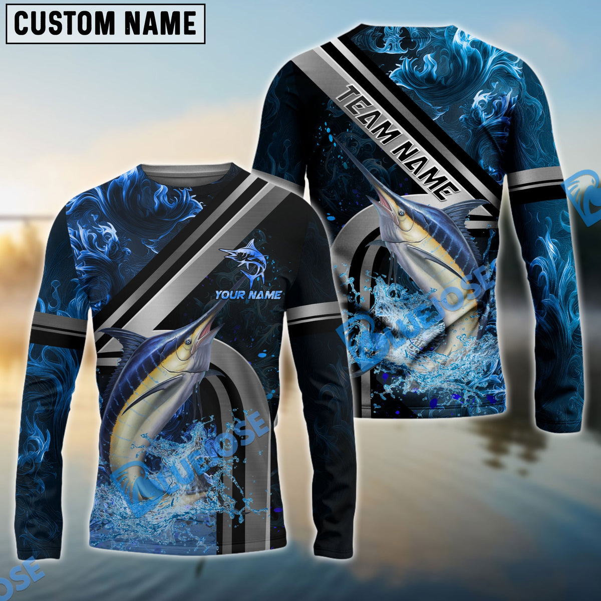 Bluejose Marlin Fishing Ocean Wave Power Custom Name &amp; Team Name 3D Shirts