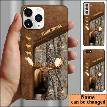 BlueJose Moose Hunting Premium Brown Pattern Personalized Name Phone Case (4 colors)