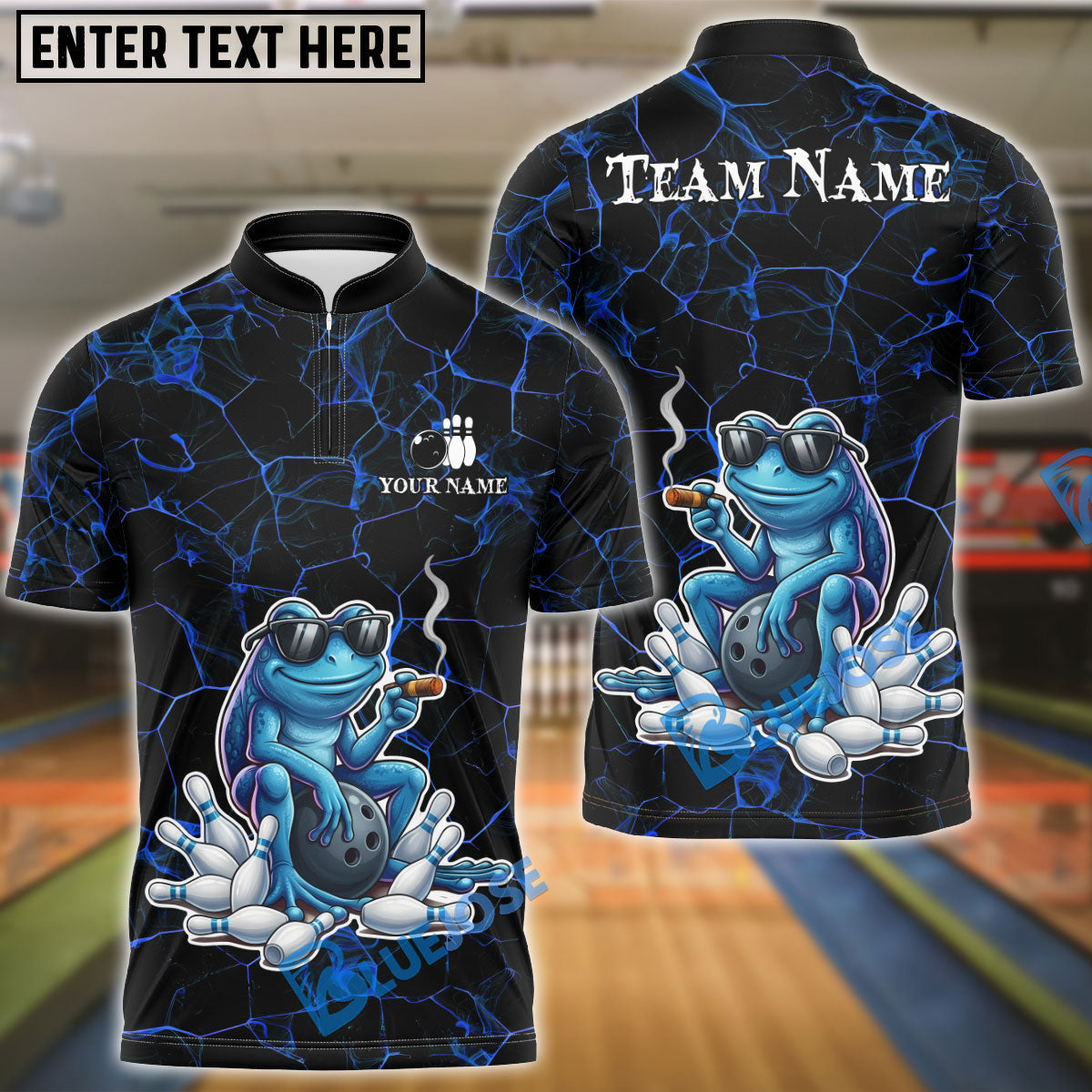 BlueJose Bowling & Pins Cool Frog Smoking Style Customized Name, Team Name 3D Shirt (4 Colors)