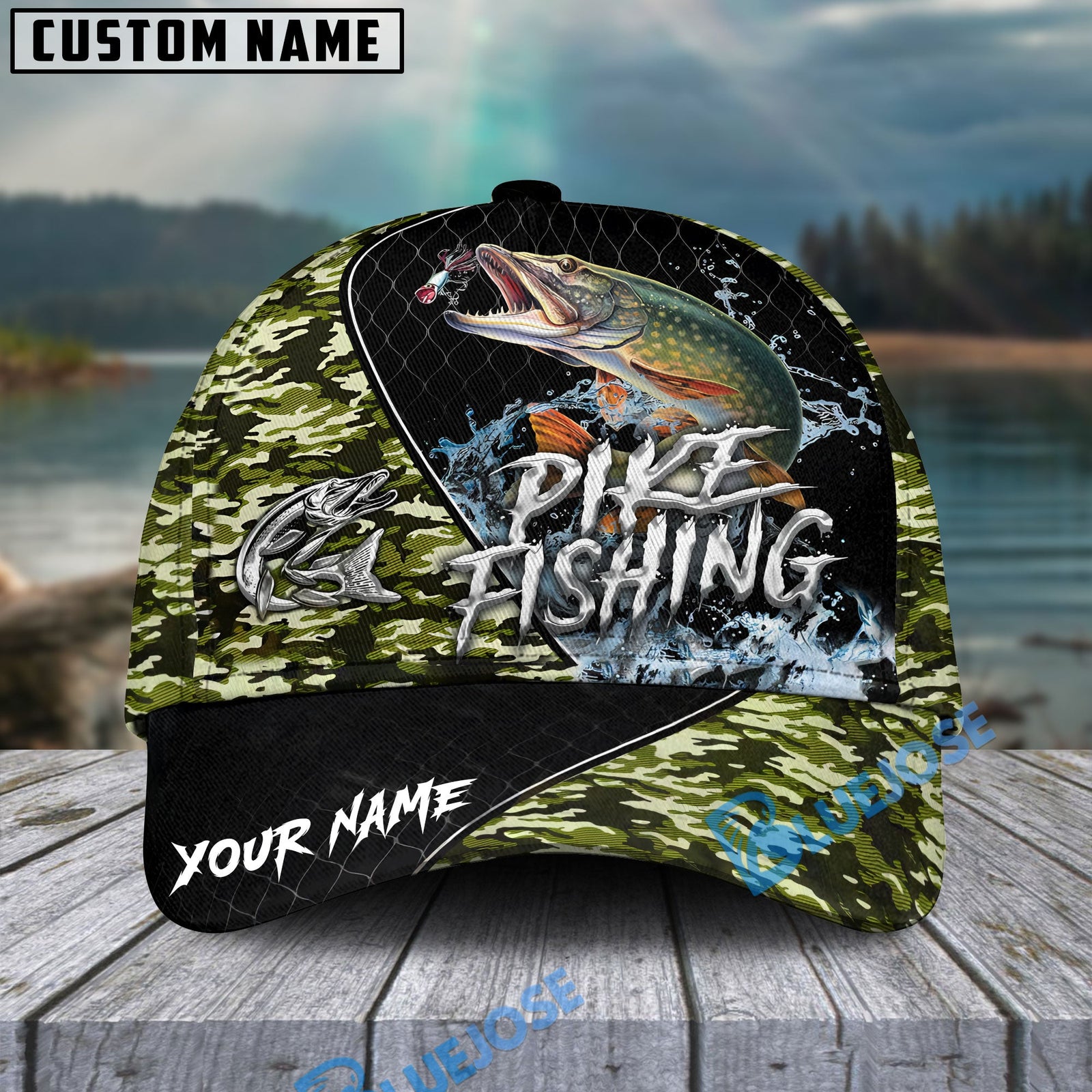 BlueJose Pike Fishing Camo Grid Water Pattern Personalized Cap