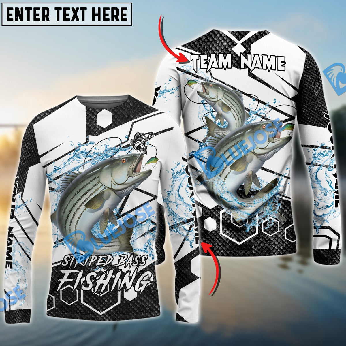 Bluejose Striped Bass Fishing White Gray Black Hexagon Sport Custom Name &amp; Team Name 3D Shirts