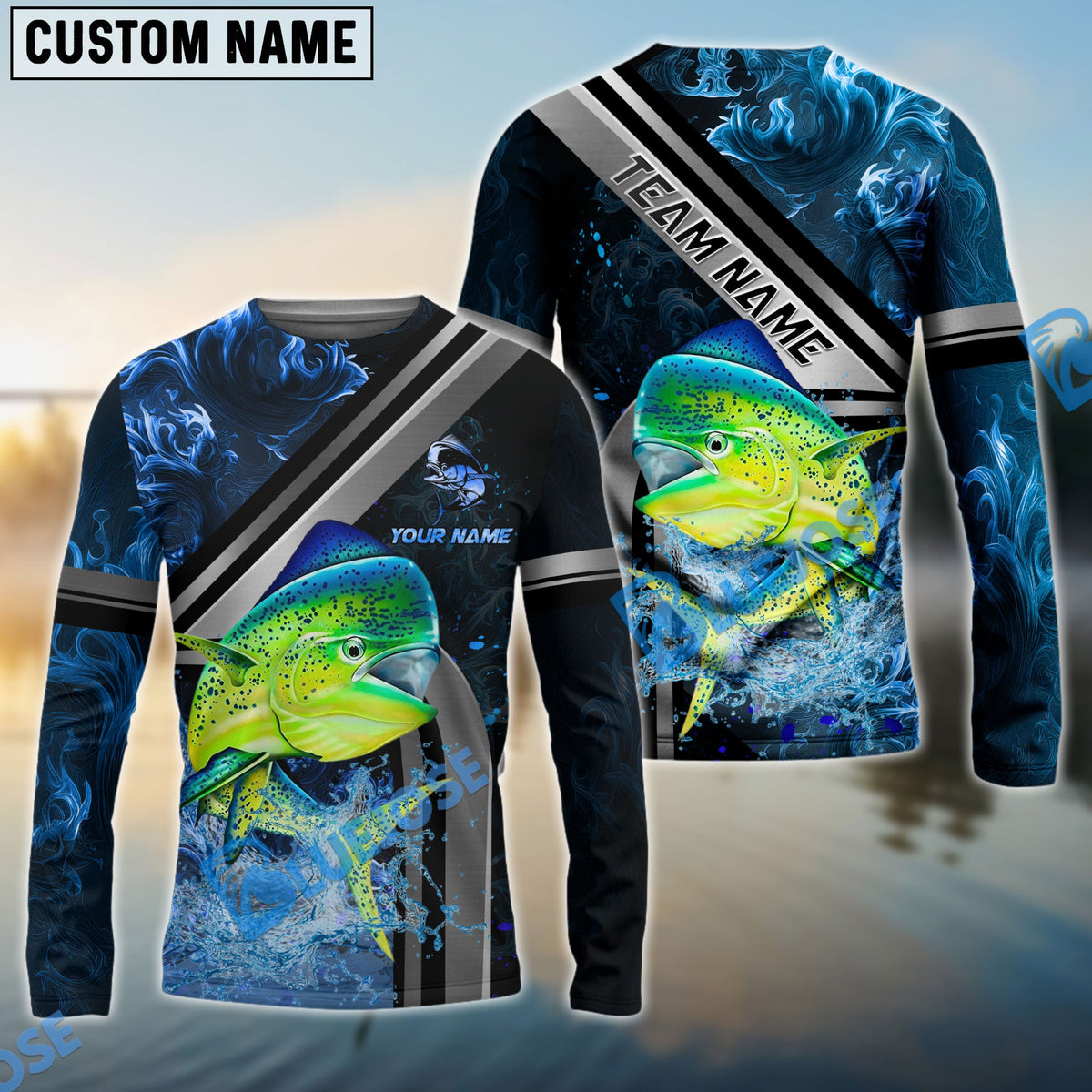 Bluejose Mahi-mahi Fishing Ocean Wave Power Custom Name &amp; Team Name 3D Shirts