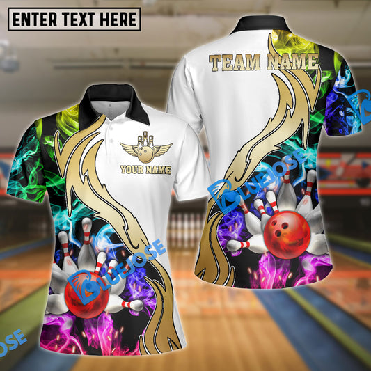 BlueJose Bowling And Pins White Multicolor Golden Smoke Pattern Personalized Name, Team Name Shirt