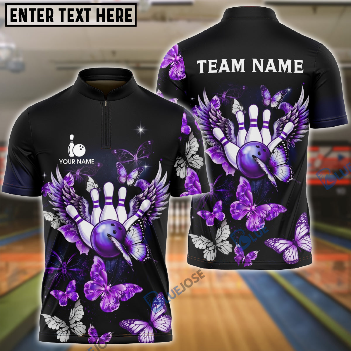 BlueJose  Bowling And Pins Butterfly Wings Art Customized Name, Team Name 3D Shirt (4 Colors)