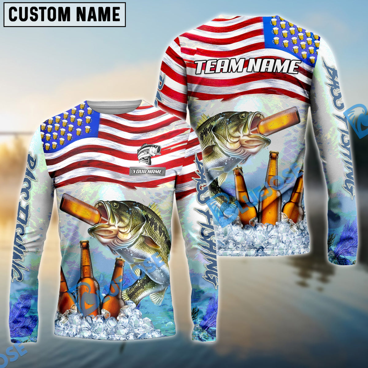 BlueJose Bass Fishing American Flag Beer Custom Name &amp; Team Name 3D Shirts