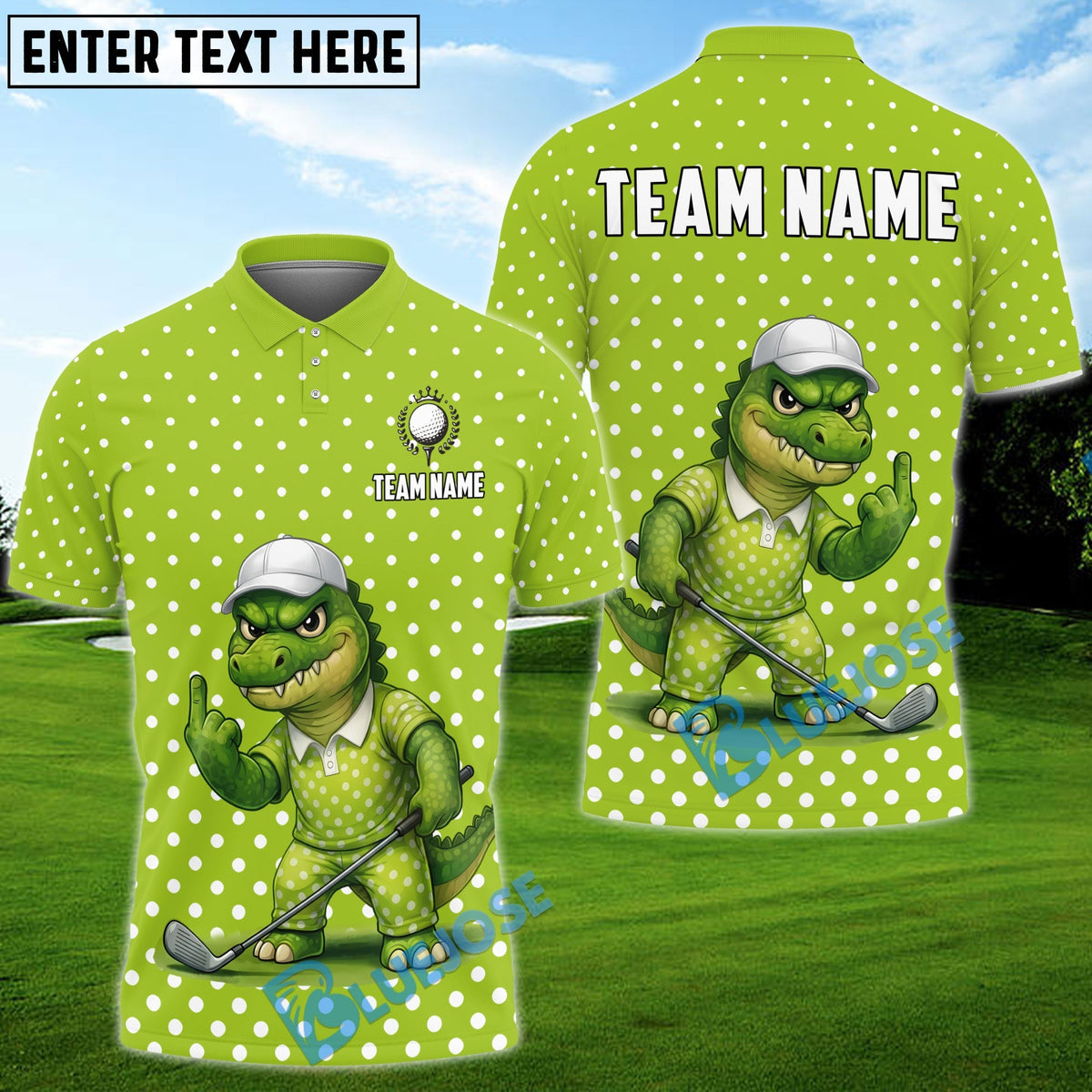 BlueJose Golf Funny Alligator Polka Dot Cartoon Personalized Name, Team Name 3D Shirt (4 Colors)