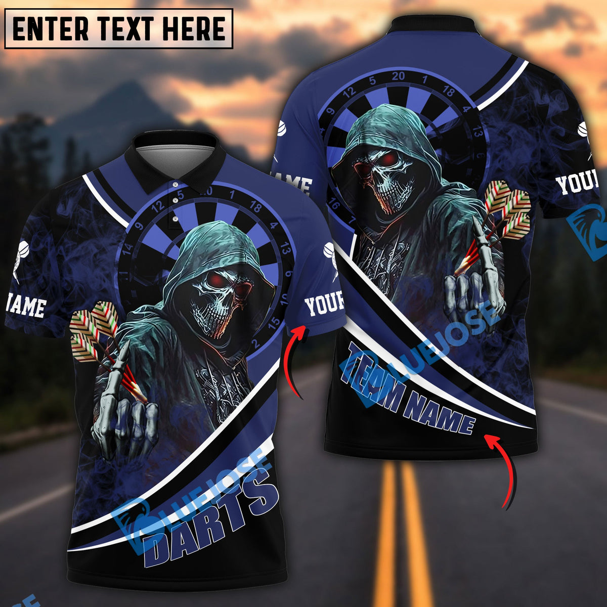 BlueJose Darts Brotherhood Skull Personalized Name, Team Name Shirt (4 Colors)