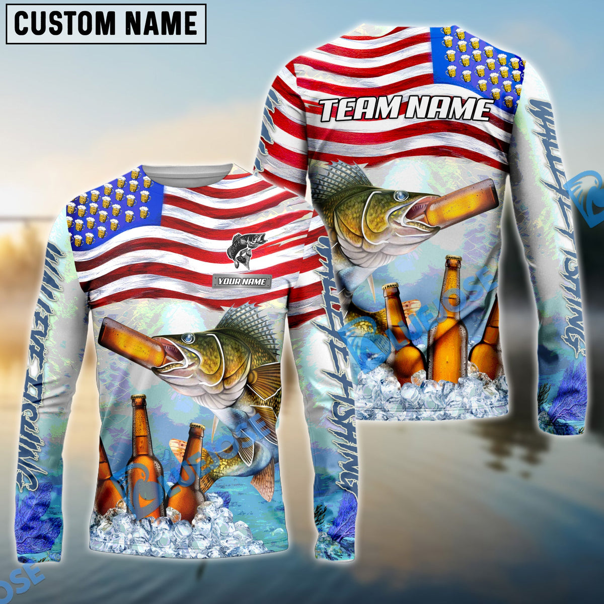 Bluejose Walleye Fishing American Flag Beer Custom Name &amp; Team Name 3D Shirts
