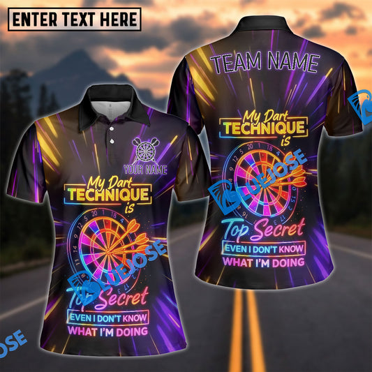 BlueJose Darts Neon Funny Quote My Dart Technique Is Top Secret Even I Don’t Know What I’m Doing Personalized Name Shirt