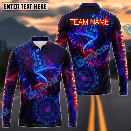 BlueJose Darts Eagle Neon Glow Personalized Name Long Sleeve Polo Shirt (4 Colors)