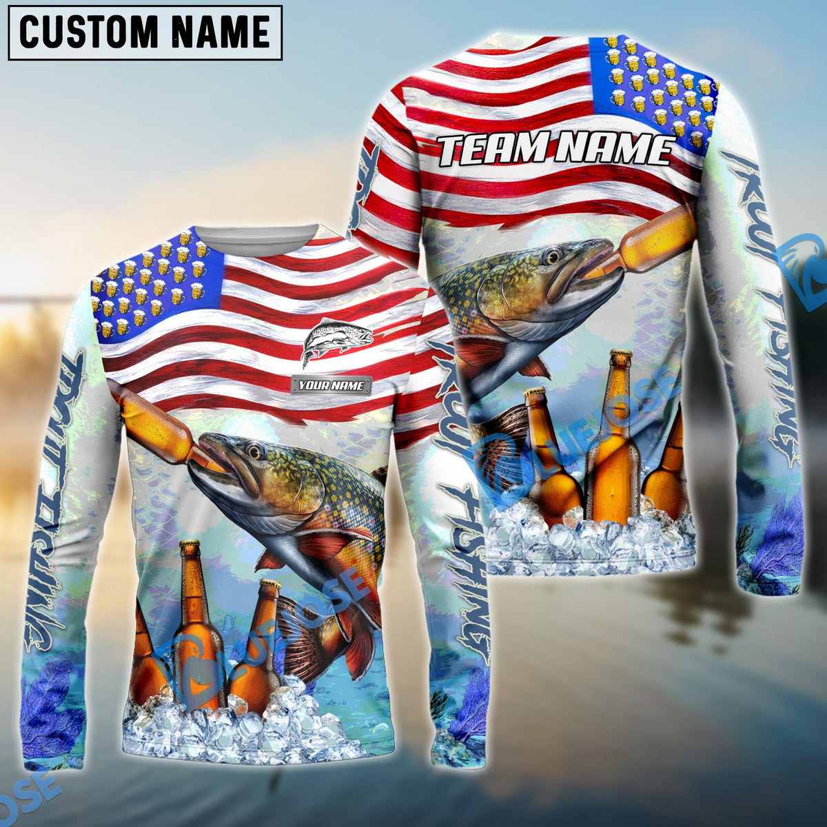 Bluejose Trout Fishing American Flag Beer Custom Name &amp; Team Name 3D Shirts