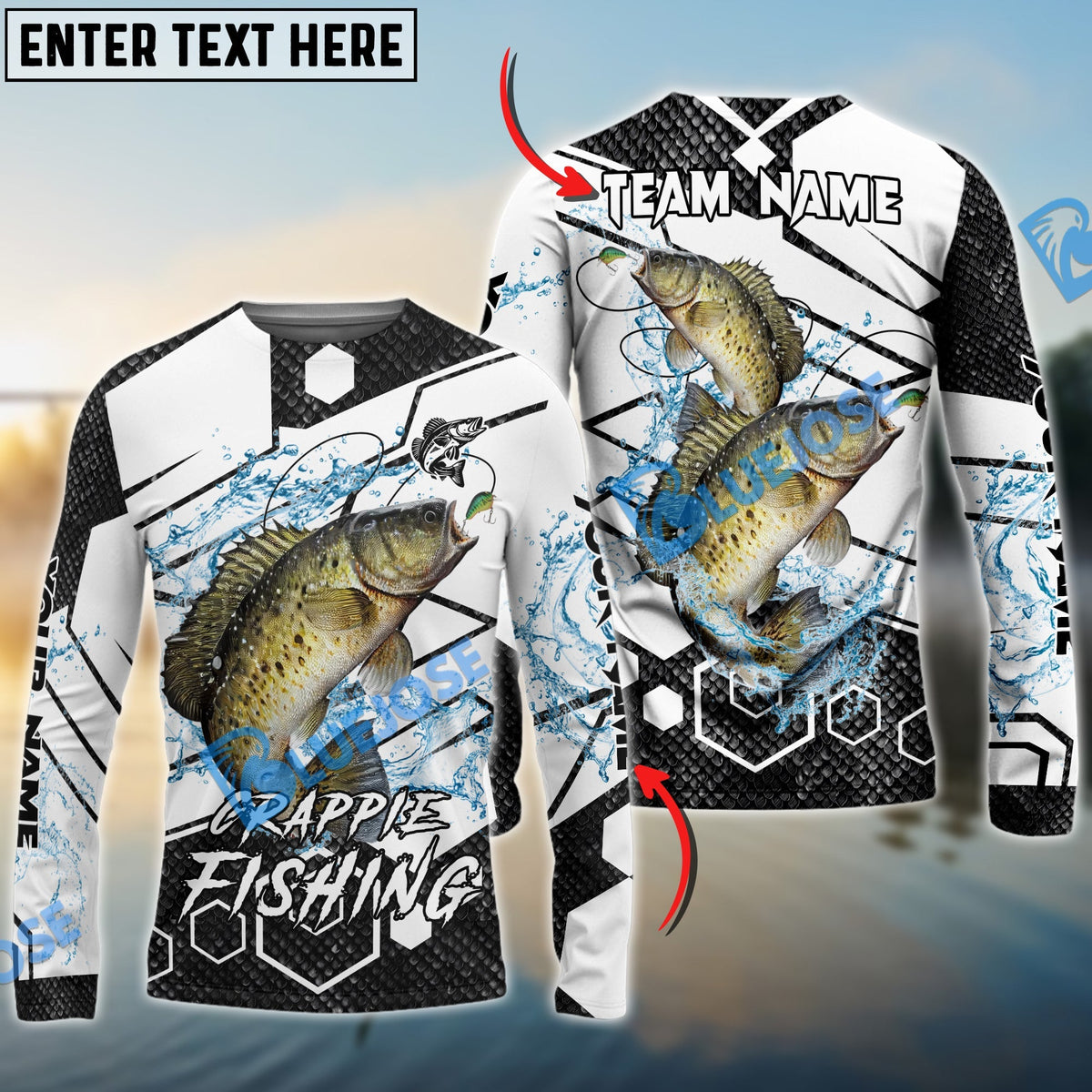 Bluejose Crappie Fishing White Gray Black Hexagon Sport Custom Name &amp; Team Name 3D Shirts