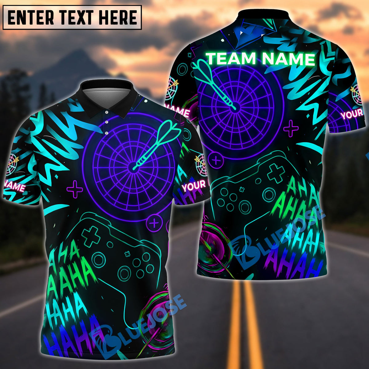 BlueJose Darts Neon Gamer Style Customized Name, Team Name 3D Shirt (4 Colors)