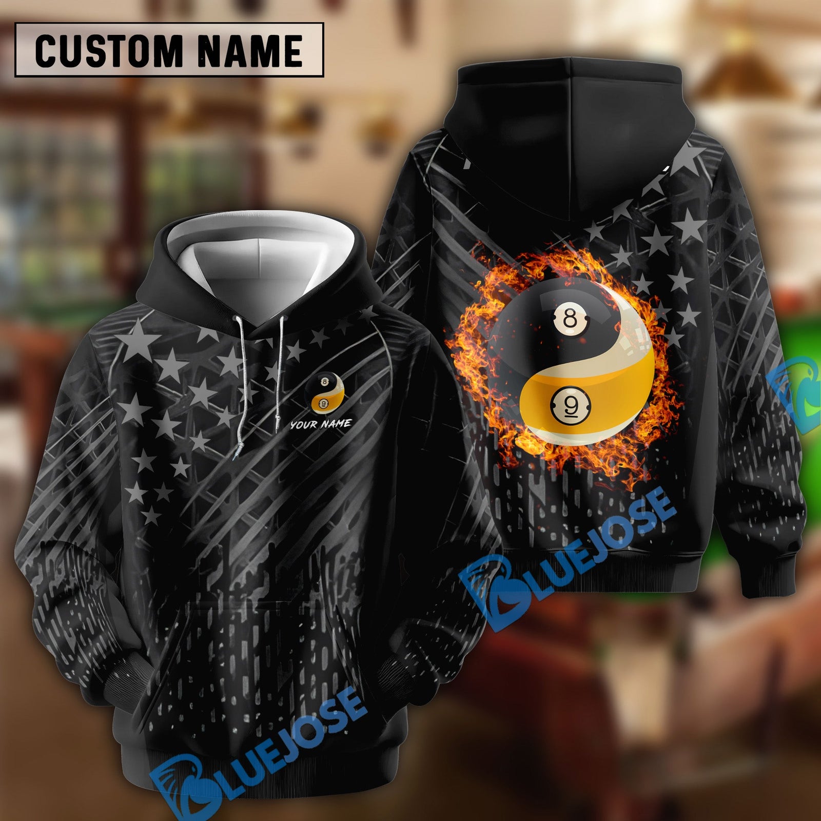 BlueJoses Billiards Ball 8 & 9 Fire Black US Flag Customized Name, Team Name 3D Shirt
