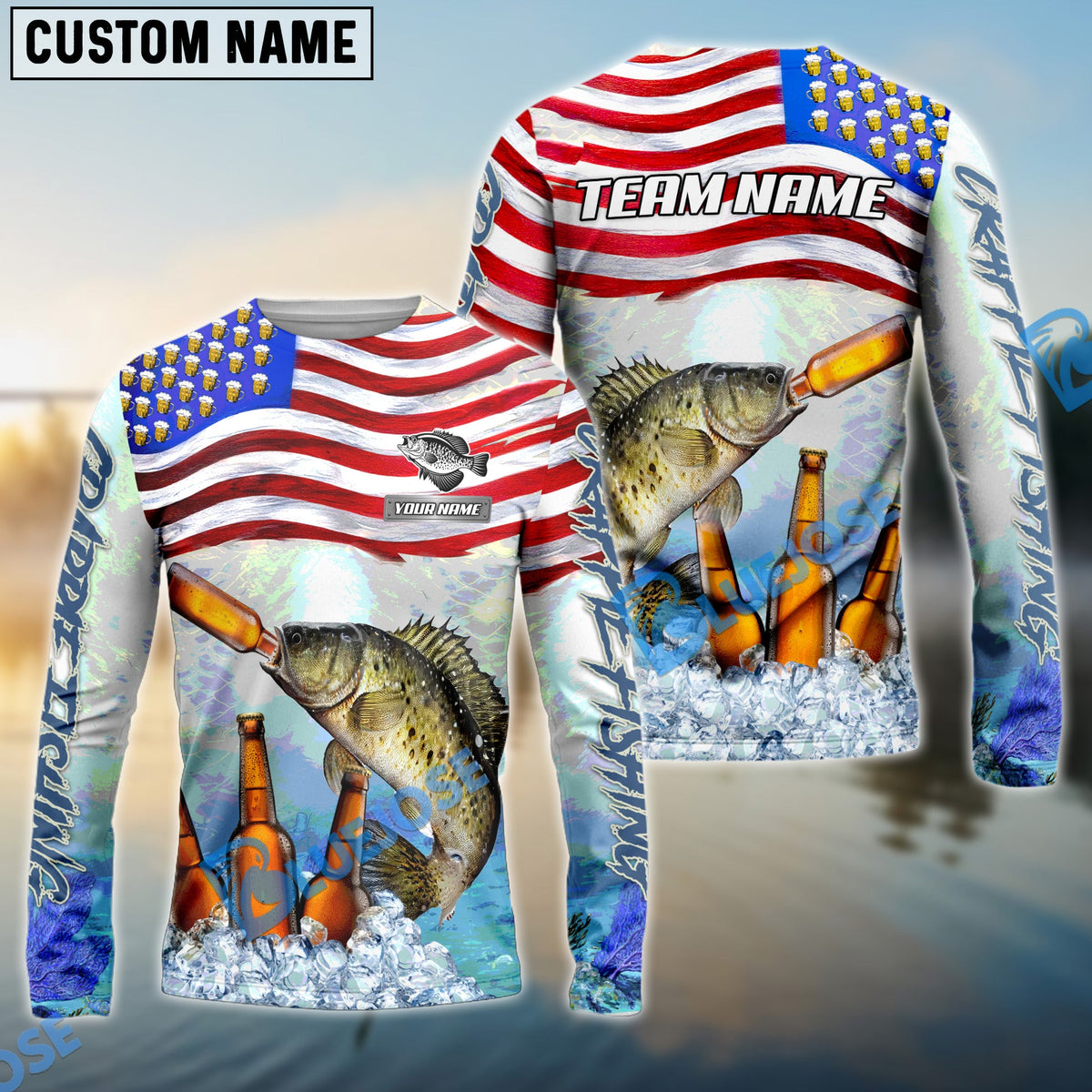 Bluejose Crappie Fishing American Flag Beer Custom Name &amp; Team Name 3D Shirts