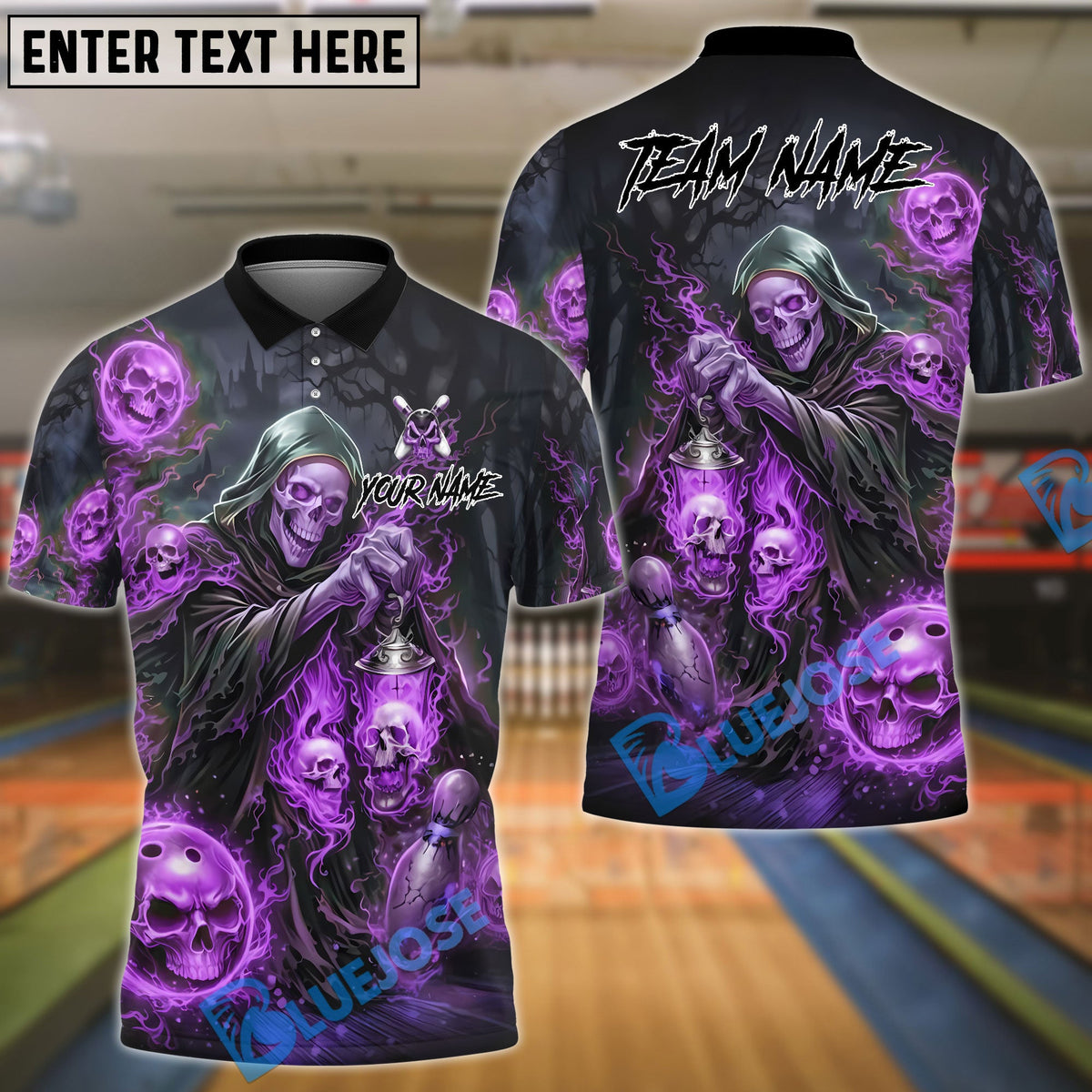 BlueJose Bowling &amp; Pins Grim Reaper Skull Flame Dark Fantasy Customized Name, Team Name 3D Shirt (4 Colors)