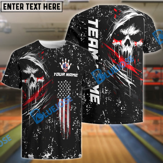BlueJose Bowling And Pins Grim Skull with American Flag Personalized Name, Team Name Shirt